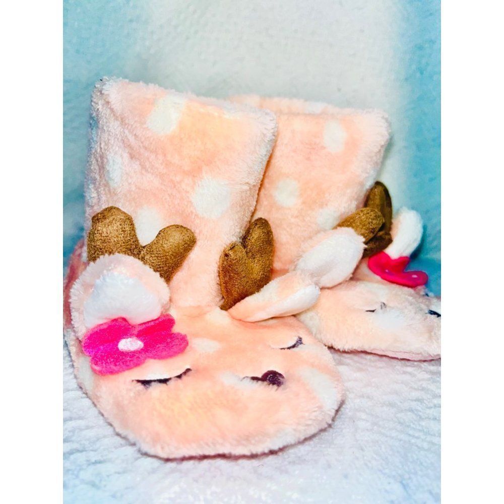 Cat & Jack Pink White Polka Dot Slipper Reindeer Pair Size L 4T-5T Months NEW